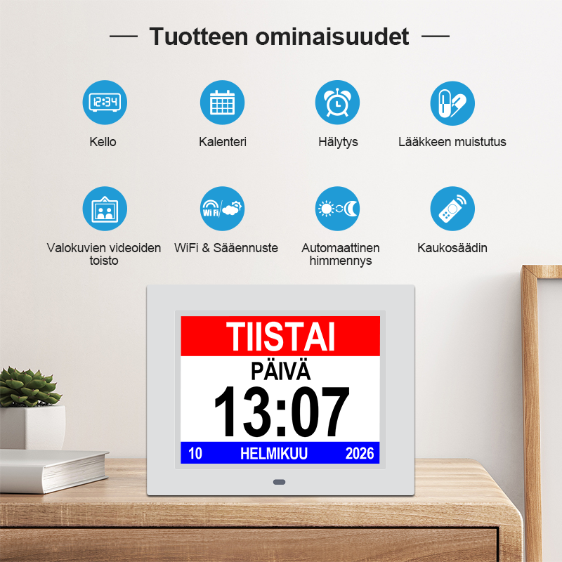Digitaalinen suomen kielinen kalenterikello muistutuksella