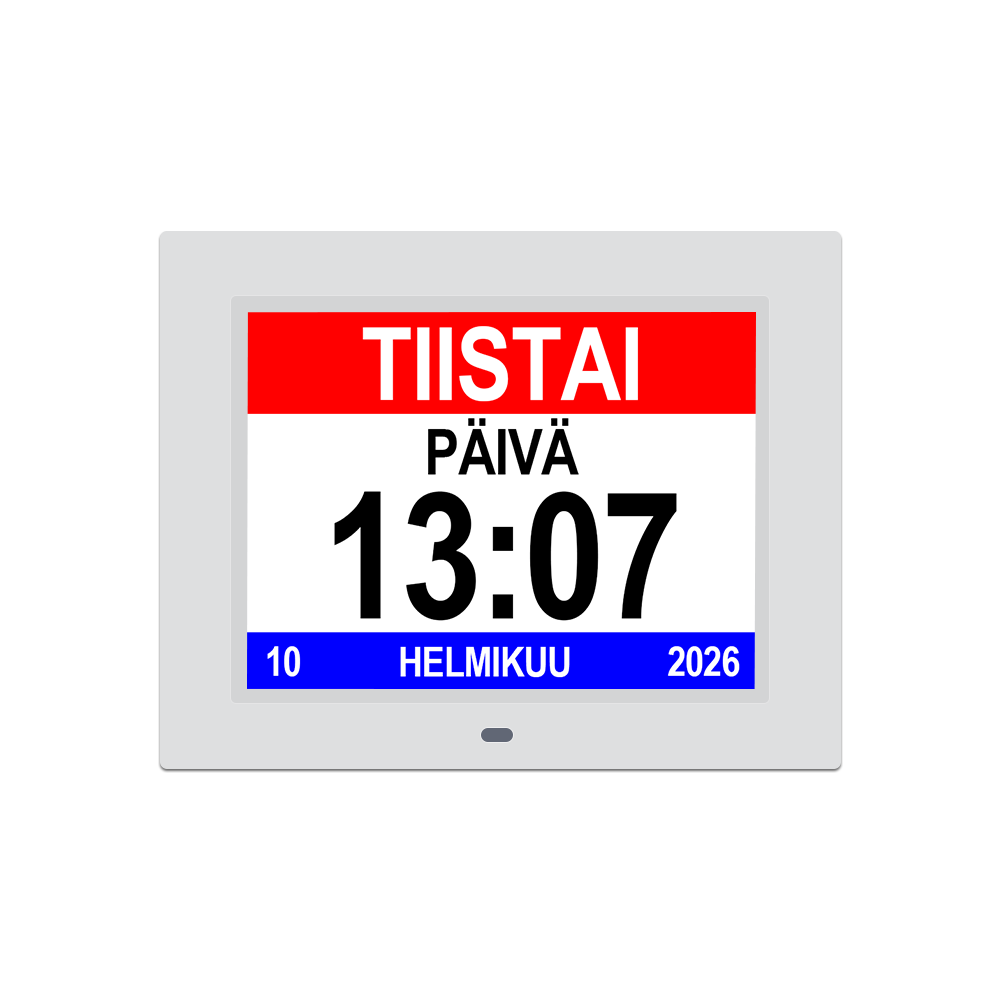 Digitaalinen suomen kielinen kalenterikello muistutuksella