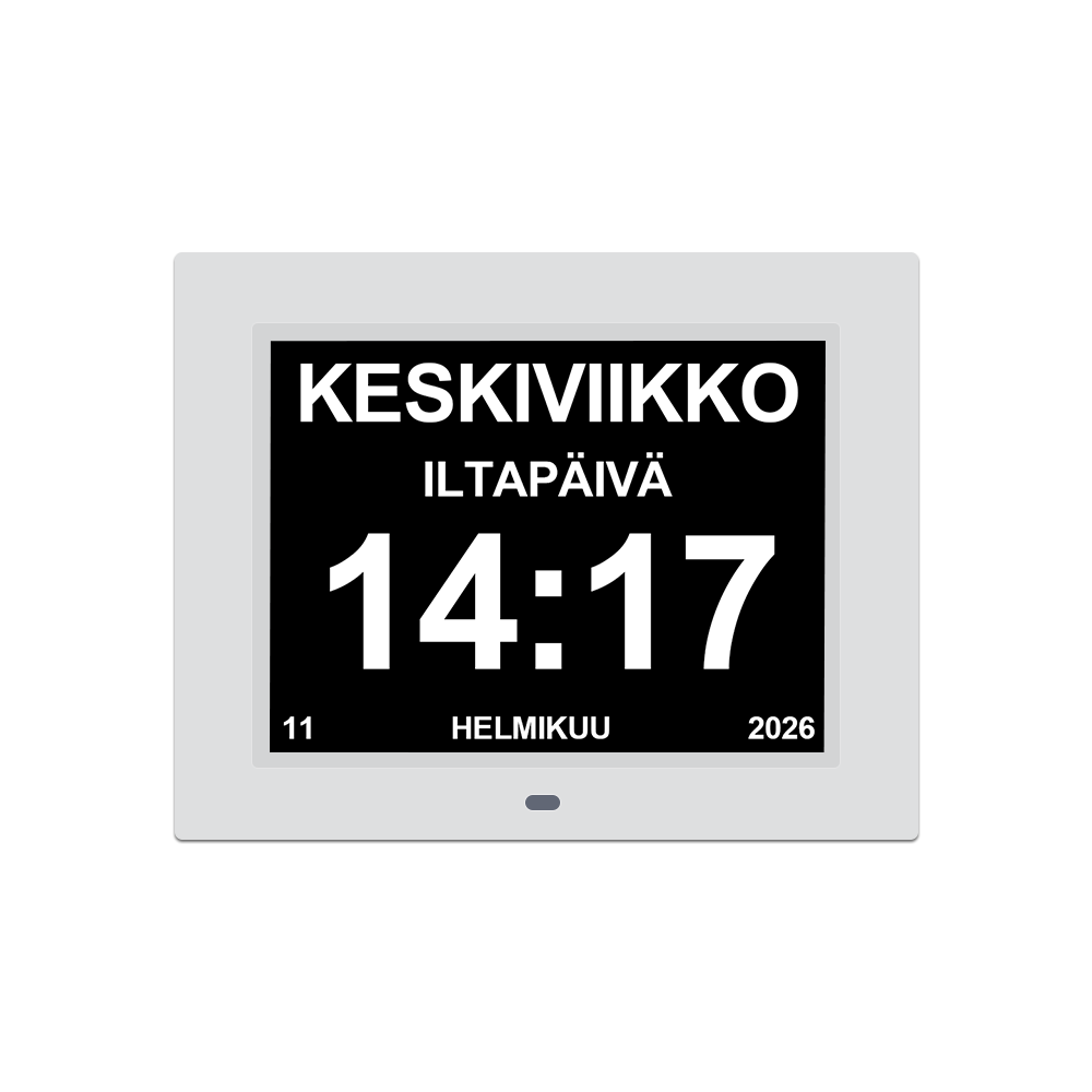 Digitaalinen suomen kielinen kalenterikello muistutuksella