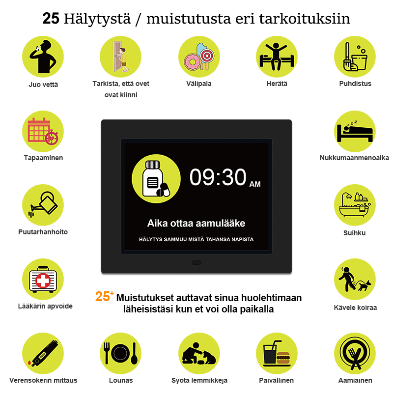 Digitaalinen suomen kielinen kalenterikello muistutuksella